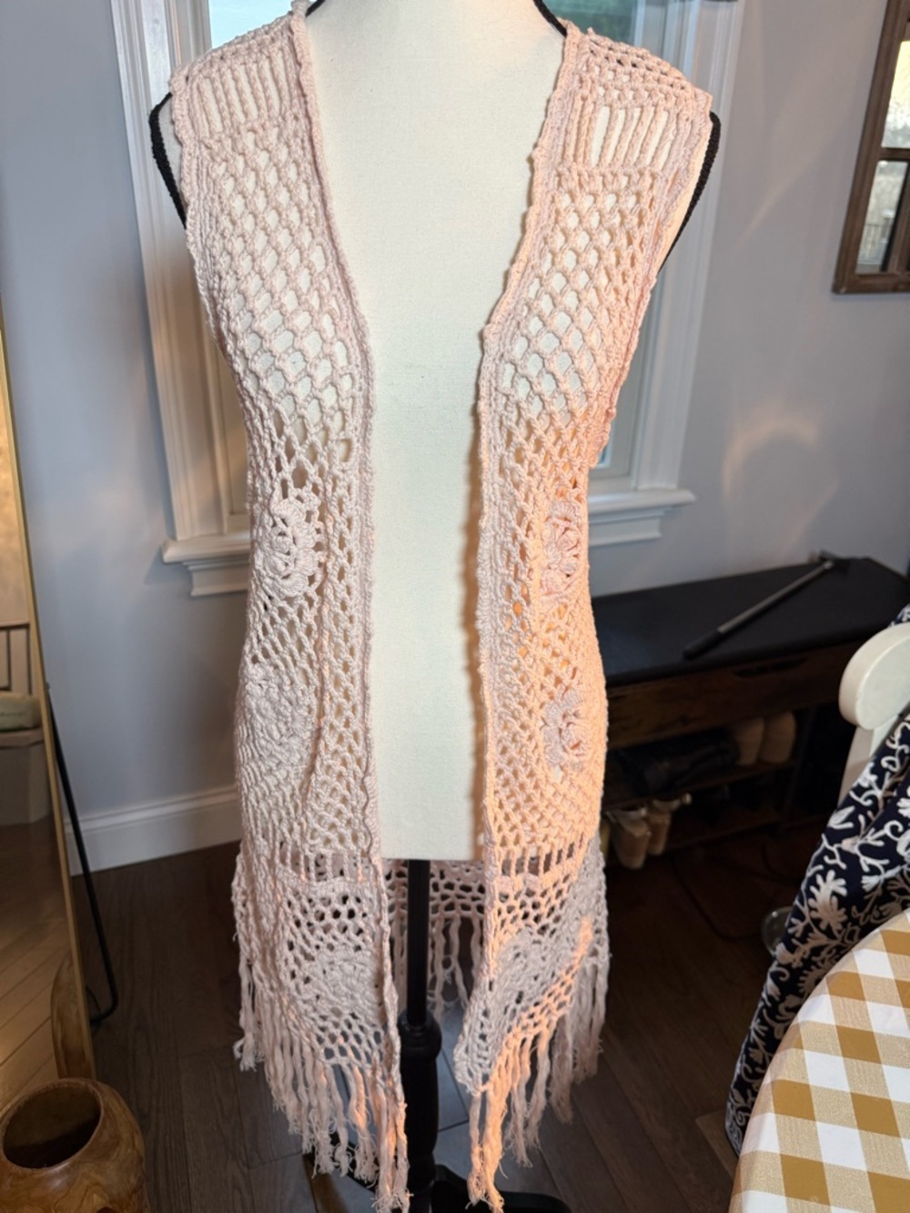 Crochet Fringe Long Vest - Blush Pink